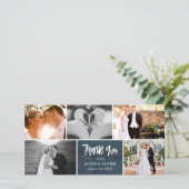 ネイビーブルー&ホワイトの結婚フォトコラージュありがとう サンキューカード (スタンド正面)