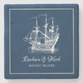 ネイビーブルー&ホワイトウインドウワールセーリングボート ストーンコースター (正面)