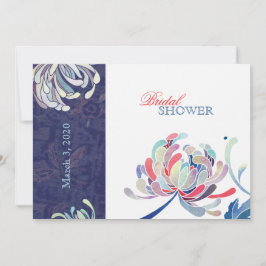 ネイビーブルー&ホワイトエレガントフローラブライダルシャワー 招待状