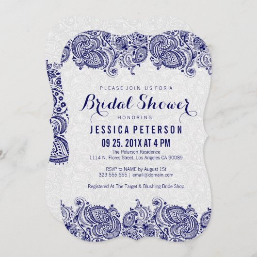 ネイビーブルー&ホワイトガーリーペイズリーレース 招待状 (正面/裏面)