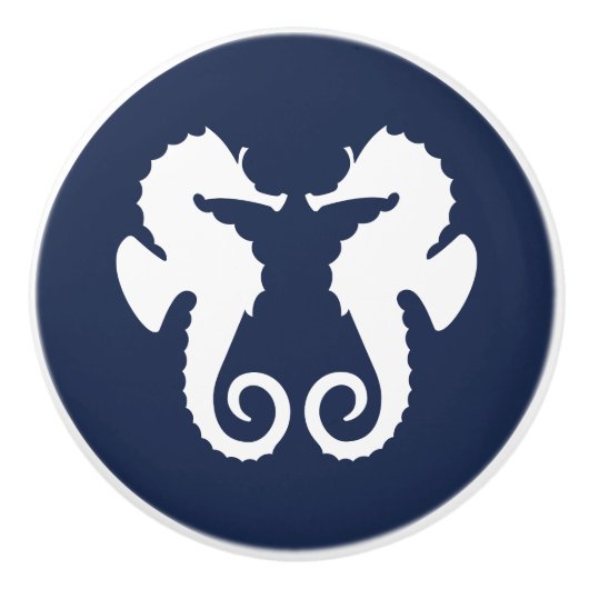 ネイビーブルー&ホワイトキュートシーホースイラストレーション セラミックノブ (正面)