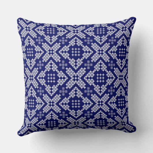 ネイビーブルー&ホワイトクロスステッチ伝統的モチーフ クッション (裏面)