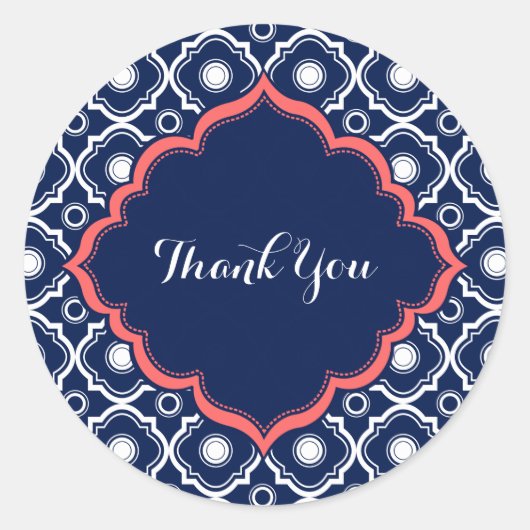 ネイビーブルー&ホワイトクローバーパターン ラウンドシール (正面)