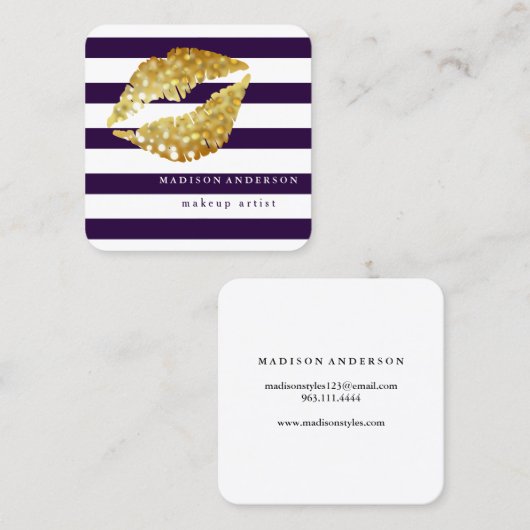 ネイビーブルー&ホワイトシック金ゴールドリップ – メイクアップアーティスト スクエア名刺 (正面/裏面)