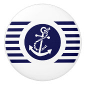ネイビーブルー&ホワイトストライプいかり付き航海の セラミックノブ (正面)