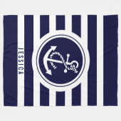 ネイビーブルー&ホワイトストライプいかり付き航海の フリースブランケット (正面(横))