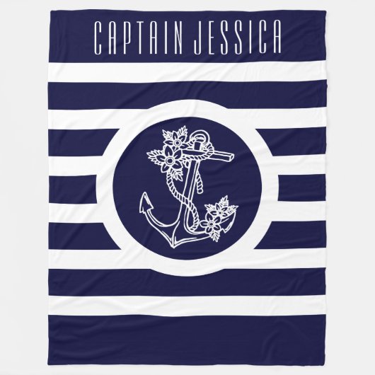 ネイビーブルー&ホワイトストライプフローラ航海のいかり フリースブランケット (正面)
