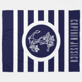 ネイビーブルー&ホワイトストライプフローラ航海のいかり フリースブランケット (正面(横))
