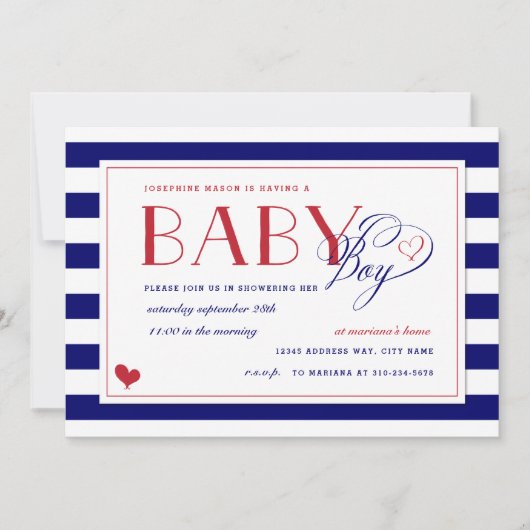 ネイビーブルー&ホワイトストライプ赤ベビーシャワーボーイ 招待状 (正面)