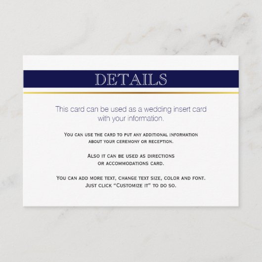 ネイビーブルー&ホワイトストライプ金ゴールドの結婚挿入カード エンクロージャーカード (正面)