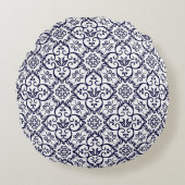 ネイビーブルー&ホワイトダマスクラウンドピロー ラウンドクッション (正面)