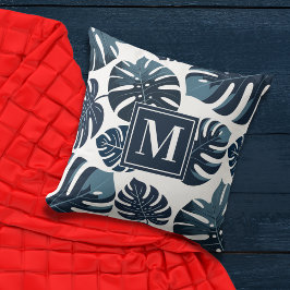 ネイビーブルー&ホワイトトロピカルモンステラ葉 クッション