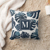 ネイビーブルー&ホワイトトロピカルモンステラ葉 クッション (ブランケット)