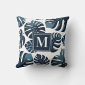 ネイビーブルー&ホワイトトロピカルモンステラ葉 クッション (裏面)