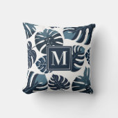 ネイビーブルー&ホワイトトロピカルモンステラ葉 クッション (正面)