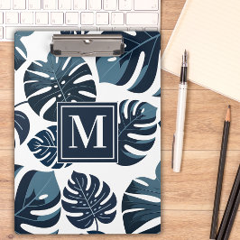 ネイビーブルー&ホワイトトロピカルモンステラ葉 クリップボード