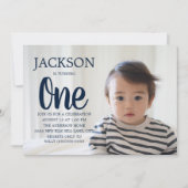 ネイビーブルー+ホワイトドット 子供の1歳の誕生日 招待状 (正面)