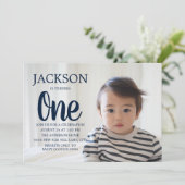 ネイビーブルー+ホワイトドット 子供の1歳の誕生日 招待状 (スタンド正面)