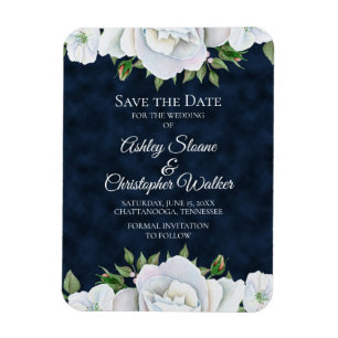 ネイビーブルー+ホワイトフラワーの結婚式Save the Date マグネット
