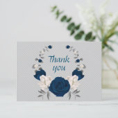 ネイビーブルー&ホワイトフラワーグレイ葉ーリース サンキューカード (スタンド正面)