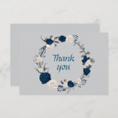 ネイビーブルー&ホワイトフラワーグレイ葉ーリース サンキューカード (正面/裏面)