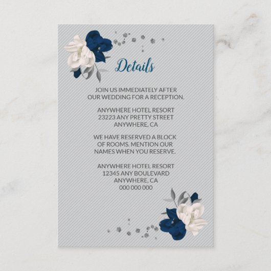 ネイビーブルー&ホワイトフラワーシルバー葉詳細 エンクロージャーカード (正面)