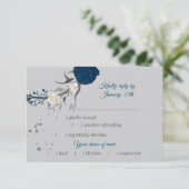 ネイビーブルー&ホワイトフラワーボタニカルメニュー選択 出欠カード (スタンド正面)