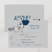 ネイビーブルー&ホワイトフラワーボタニカルメニュー選択 出欠カード (正面/裏面)