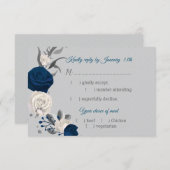 ネイビーブルー&ホワイトフラワーボタニカルメニュー選択 出欠カード (正面/裏面)