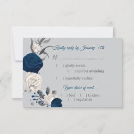 ネイビーブルー&ホワイトフラワーボタニカルメニュー選択 出欠カード