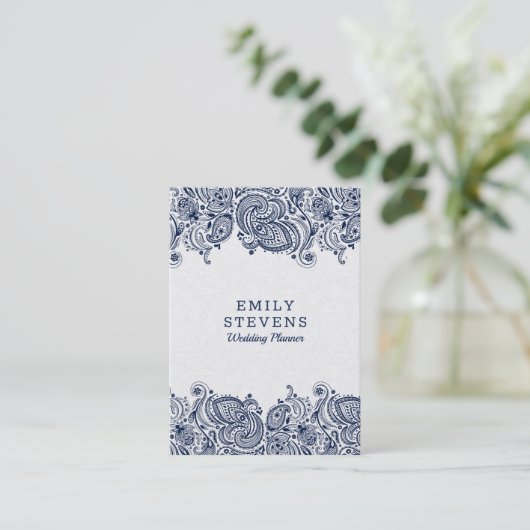ネイビーブルー&ホワイトフローラペイズリーレース 名刺 (スタンド正面)