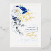 ネイビーブルー&ホワイトフローラボホエレガントな結婚式 箔招待状 (正面)