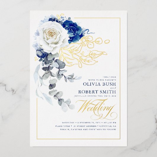 ネイビーブルー&ホワイトフローラボホエレガントな結婚式 箔招待状 (正面)