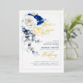 ネイビーブルー&ホワイトフローラボホエレガントな結婚式 箔招待状 (立ち正面)