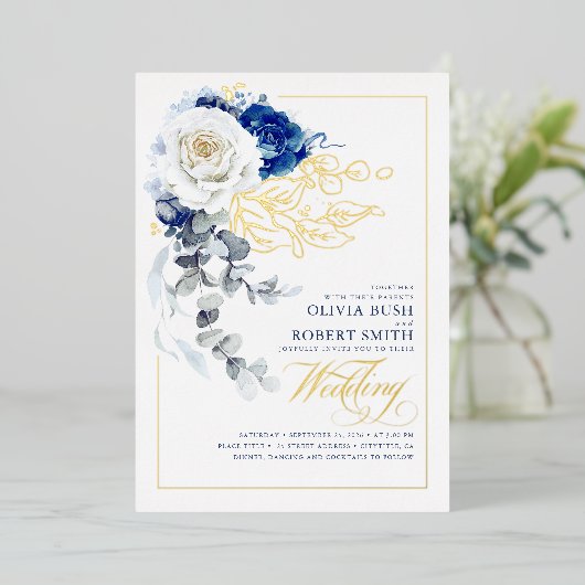 ネイビーブルー&ホワイトフローラボホエレガントな結婚式 箔招待状 (立ち正面)
