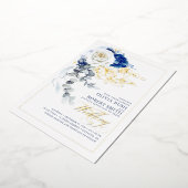 ネイビーブルー&ホワイトフローラボホエレガントな結婚式 箔招待状 (回転した状態)