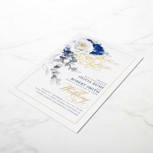 ネイビーブルー&ホワイトフローラボホエレガントな結婚式 箔招待状 (回転した状態)