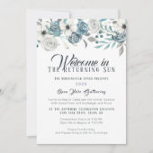 ネイビーブルー&ホワイトフローラユール(キリスト降誕祭)冬至 招待状 (正面)