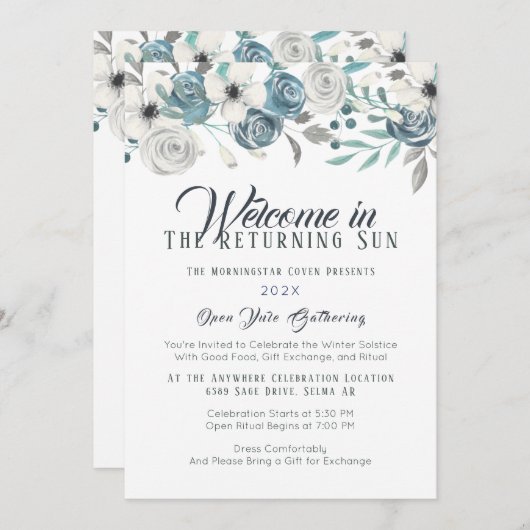 ネイビーブルー&ホワイトフローラユール(キリスト降誕祭)冬至 招待状 (正面/裏面)