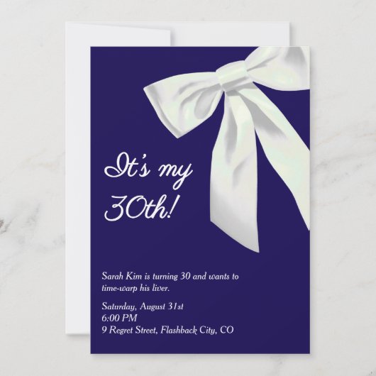 ネイビーブルー&ホワイトボウ「私の30th!」 バトエレガントル 招待状 (正面)