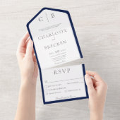 ネイビーブルー&ホワイトモノグラムミニマルディナー オールインワン招待状 (貼ってはがせる)