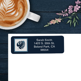 ネイビーブルー&ホワイトモンスターリーフ差出人住所 ラベル