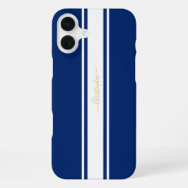 ネイビーブルー ホワイトレーシングストライプ ゴールドモノグラム iPhone 16 PLUSケース