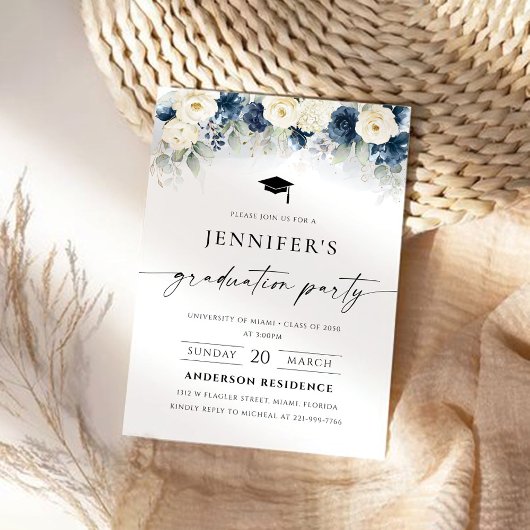 ネイビーブルー&ホワイトローズ卒業式パーティー 招待状