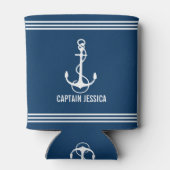 ネイビーブルー&ホワイトヴィンテージ航海のボートいかり 缶クーラー (裏面)