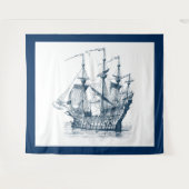ネイビーブルー&ホワイトヴィンテージ風帆船 タペストリー (正面(横))
