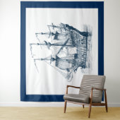 ネイビーブルー&ホワイトヴィンテージ風帆船 タペストリー (インサイチュ)