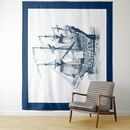 ネイビーブルー&ホワイトヴィンテージ風帆船 タペストリー (インサイチュ)