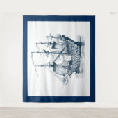 ネイビーブルー&ホワイトヴィンテージ風帆船 タペストリー (正面)