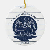 ネイビーブルー&ホワイト素朴ウッドレ航海のイクハウス セラミックオーナメント (正面)